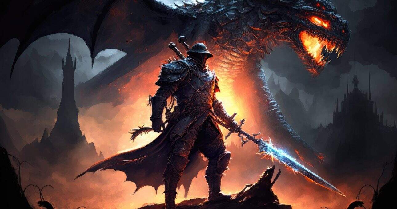 Fantasiosa immagine di un guerriero armato con spada blu di energia e armatura nera, che fronteggia un gigantesco drago infuocato nelle terre oscure di un mondo fantasy.