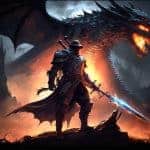 Fantasiosa immagine di un guerriero armato con spada blu di energia e armatura nera, che fronteggia un gigantesco drago infuocato nelle terre oscure di un mondo fantasy.