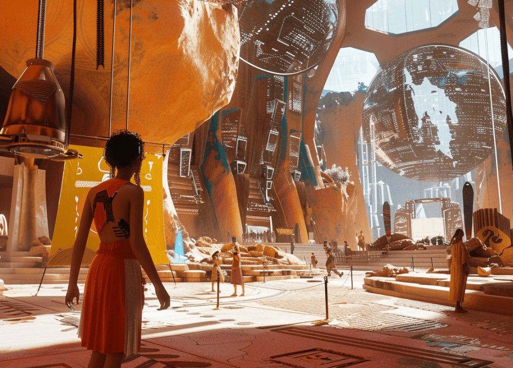 Scena futuristica al museo the usual neXt con installazioni digitali e globi planetari illuminati.