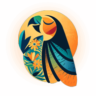 Modello di pappagallo colorato con dettagli floreali, stile moderno e vibrante, rappresentazione artistica di natura e creatività, design originale e unico.