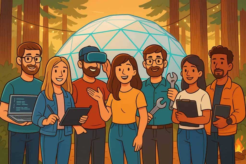 Innovativi professionisti tecnologici collaborano in un ambiente all'aperto, con tecnologia all'avanguardia come realtà virtuale e dispositivi digitali, in un contesto creativo e immersivo.